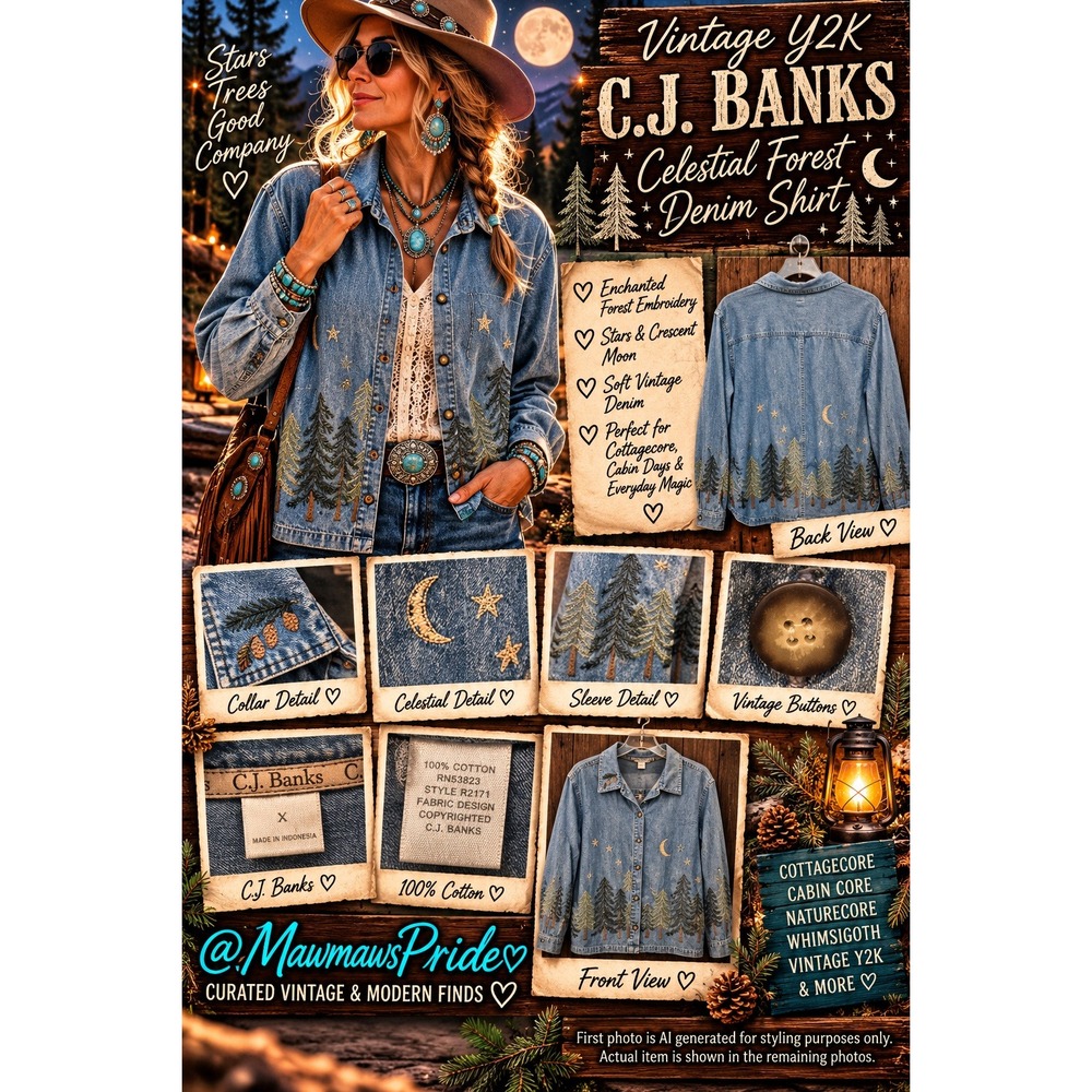 Vintage Y2K C.J. Banks Celestial Forest Embroidered Denim Shirt L Cottagecore